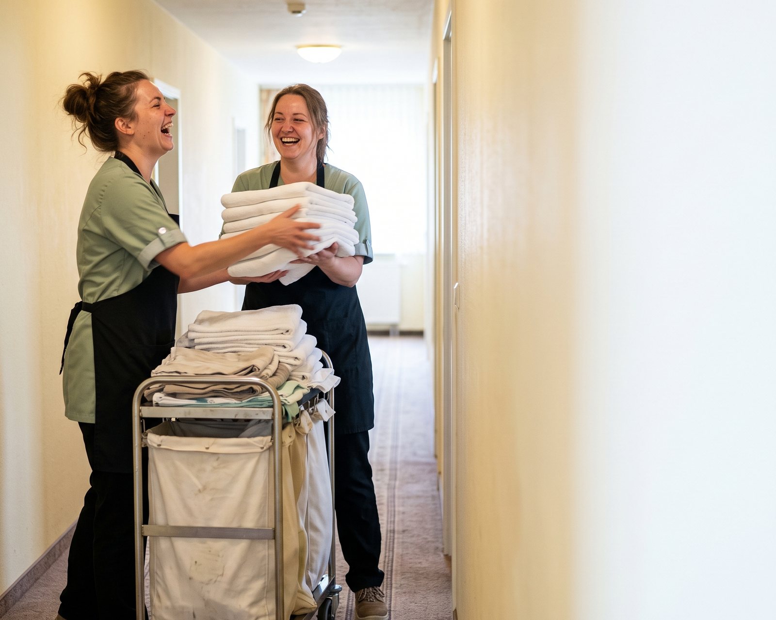 Zwei Kolleginnen im Housekeeping reichen sich frische Wäsche.